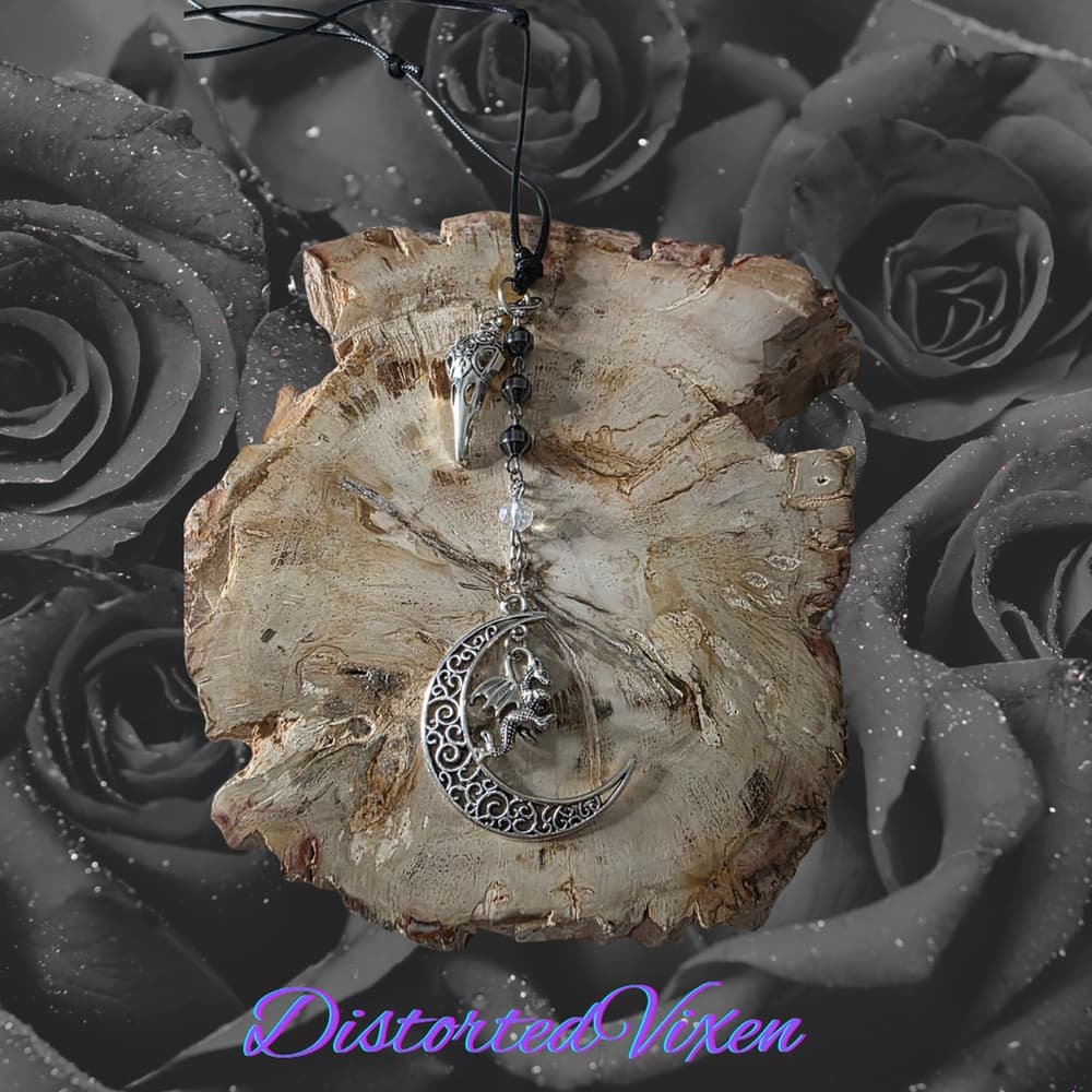 Hematite Dragon Moon Raven Skull Necklace | Gothic Protection Amulet | Shadow - Thumbnail 10