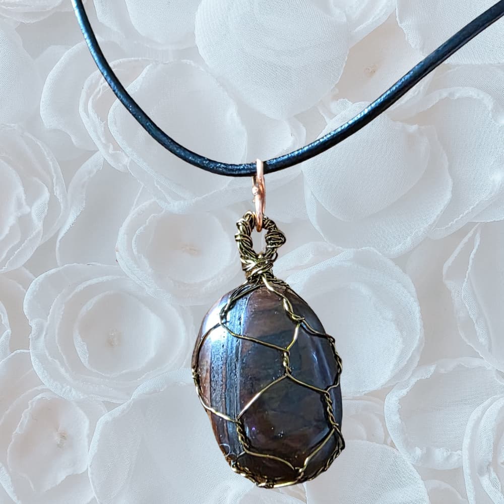 Eye of the Storm: Copper-Wrapped Tiger's Eye & Hand-Finished Leather Necklace - Thumbnail 2