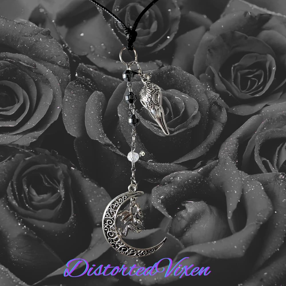 Hematite Dragon Moon Raven Skull Necklace | Gothic Protection Amulet | Shadow - Thumbnail 4