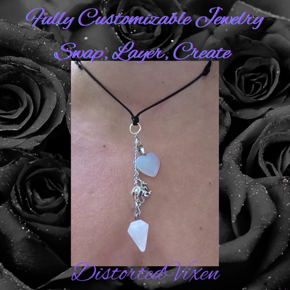 Quartz Pendulum & Opalite Heart Necklace – Interchangeable Dragon Charm - Thumbnail 3
