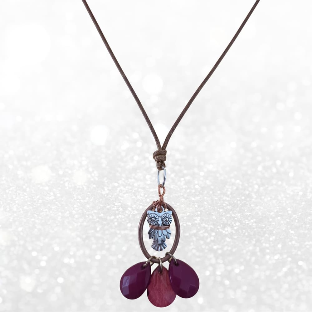 Copper Wrapped Owl Necklace with Magenta Pink Purple Drops, Adjustable Cord - Thumbnail 6