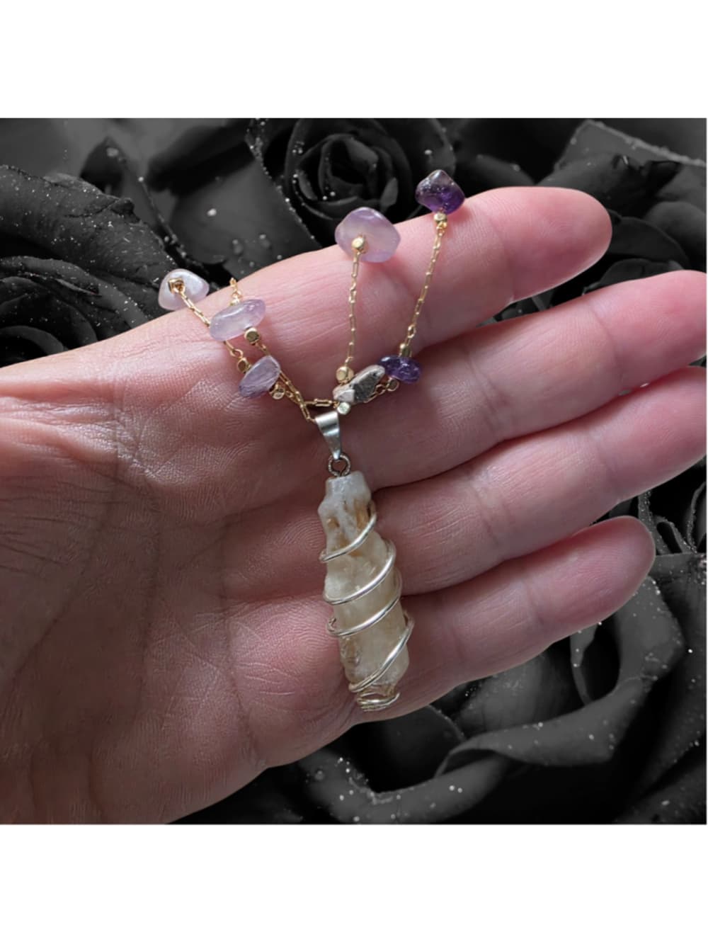 Citrine and Amethyst Layered Crystal Necklace Wire Wrapped Citrine Point Pendant - Thumbnail 2