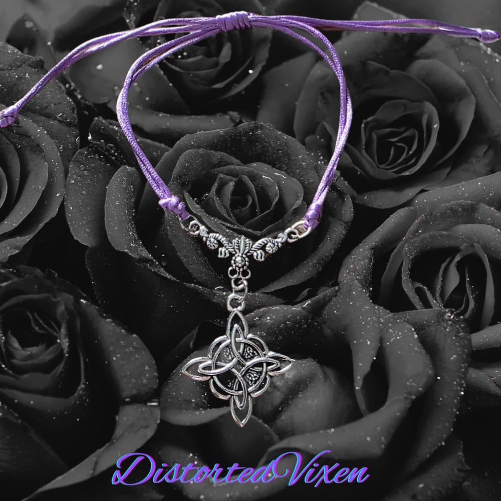 Witchy Celtic Knot Bracelet - Purple Silk Cord - Gothic Mystic Jewelry - Thumbnail 2