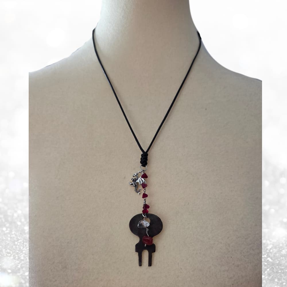 Antique Skeleton Key Necklace Clear Quartz & Carnelian - Gothic Dragon Talisman - Thumbnail 5