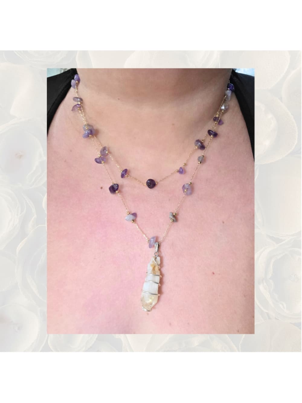 Citrine and Amethyst Layered Crystal Necklace Wire Wrapped Citrine Point Pendant - Thumbnail 5
