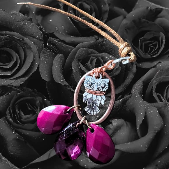 Copper Wrapped Owl Necklace with Magenta Pink Purple Drops, Adjustable Cord - Thumbnail 8