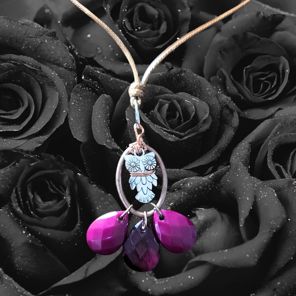 Copper Wrapped Owl Necklace with Magenta Pink Purple Drops, Adjustable Cord - Thumbnail 3