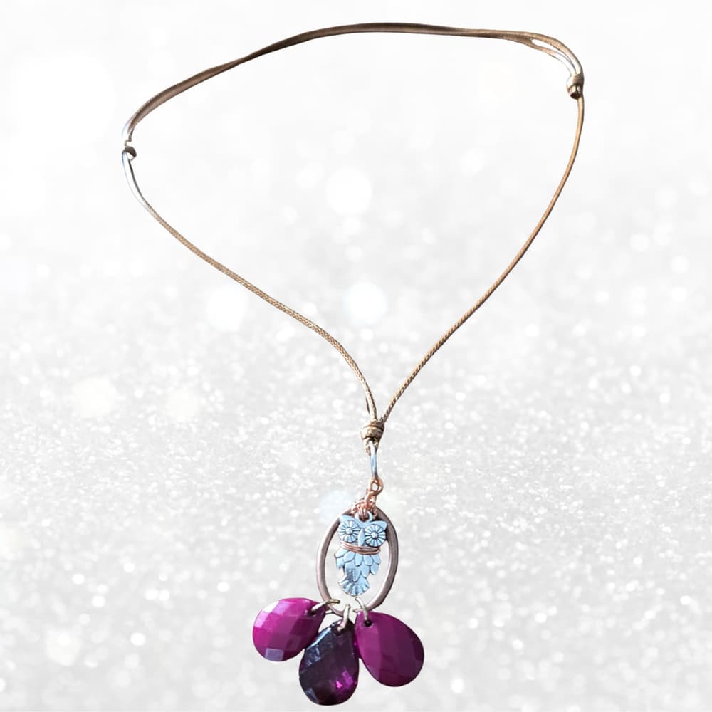 Copper Wrapped Owl Necklace with Magenta Pink Purple Drops, Adjustable Cord - Thumbnail 5