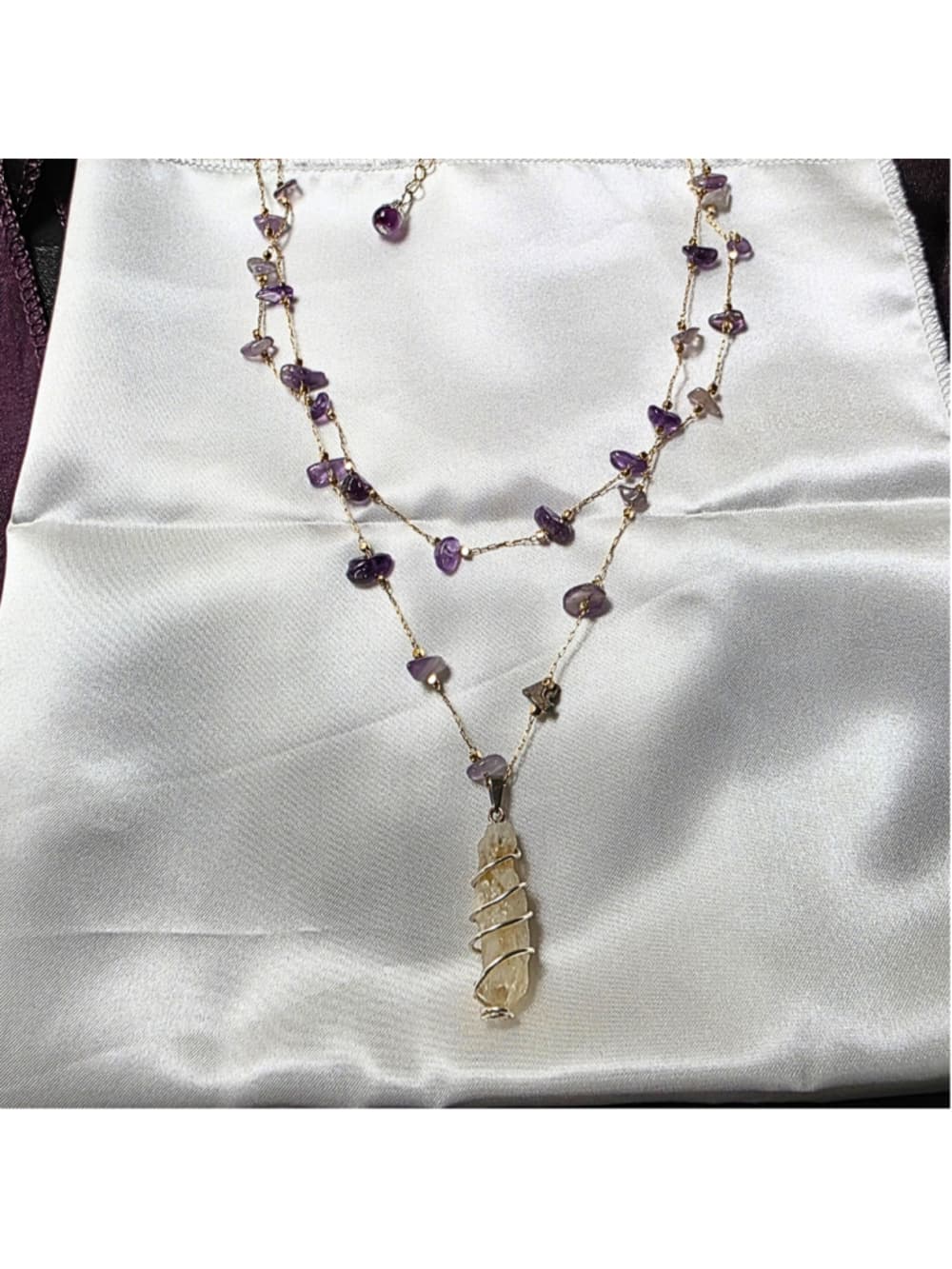 Citrine and Amethyst Layered Crystal Necklace Wire Wrapped Citrine Point Pendant - Thumbnail 3