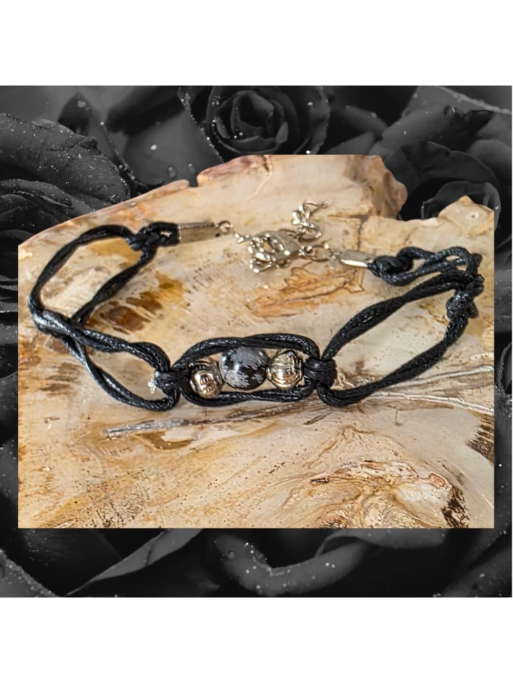 Snowflake Obsidian Crystal Anklet, Handmade Witchy Anklet, Boho Black Ankle Brac - Thumbnail 5