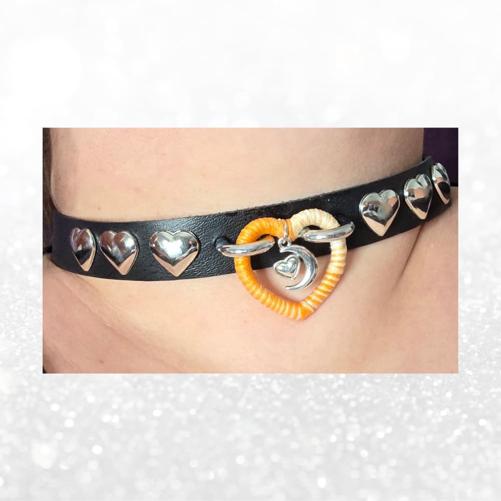 Harvest Moon Studded Leather Choker - Handmade Ombré Wrapped Heart Collar goth - Thumbnail 5
