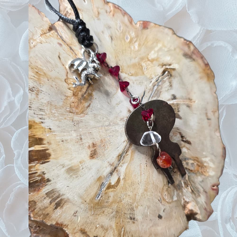 Antique Skeleton Key Necklace Clear Quartz & Carnelian - Gothic Dragon Talisman - Thumbnail 2