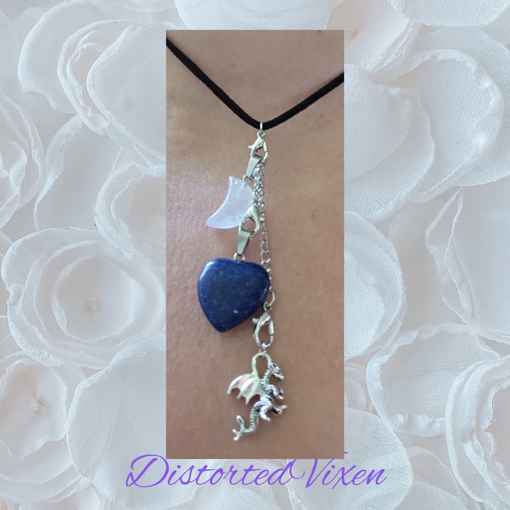 Lapis Heart Necklace with Quartz Moon & Dragon Charm necklace - Thumbnail 3