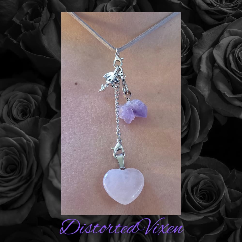 Rose Quartz & Amethyst Dragon Necklace, Layered Healing - Thumbnail 6