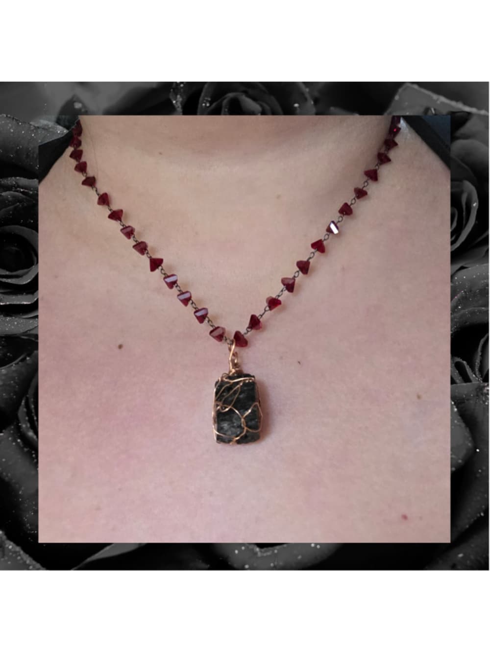 Raw Black Tourmaline & Crimson Crystal Necklace – Copper Wrapped Protection - Thumbnail 4
