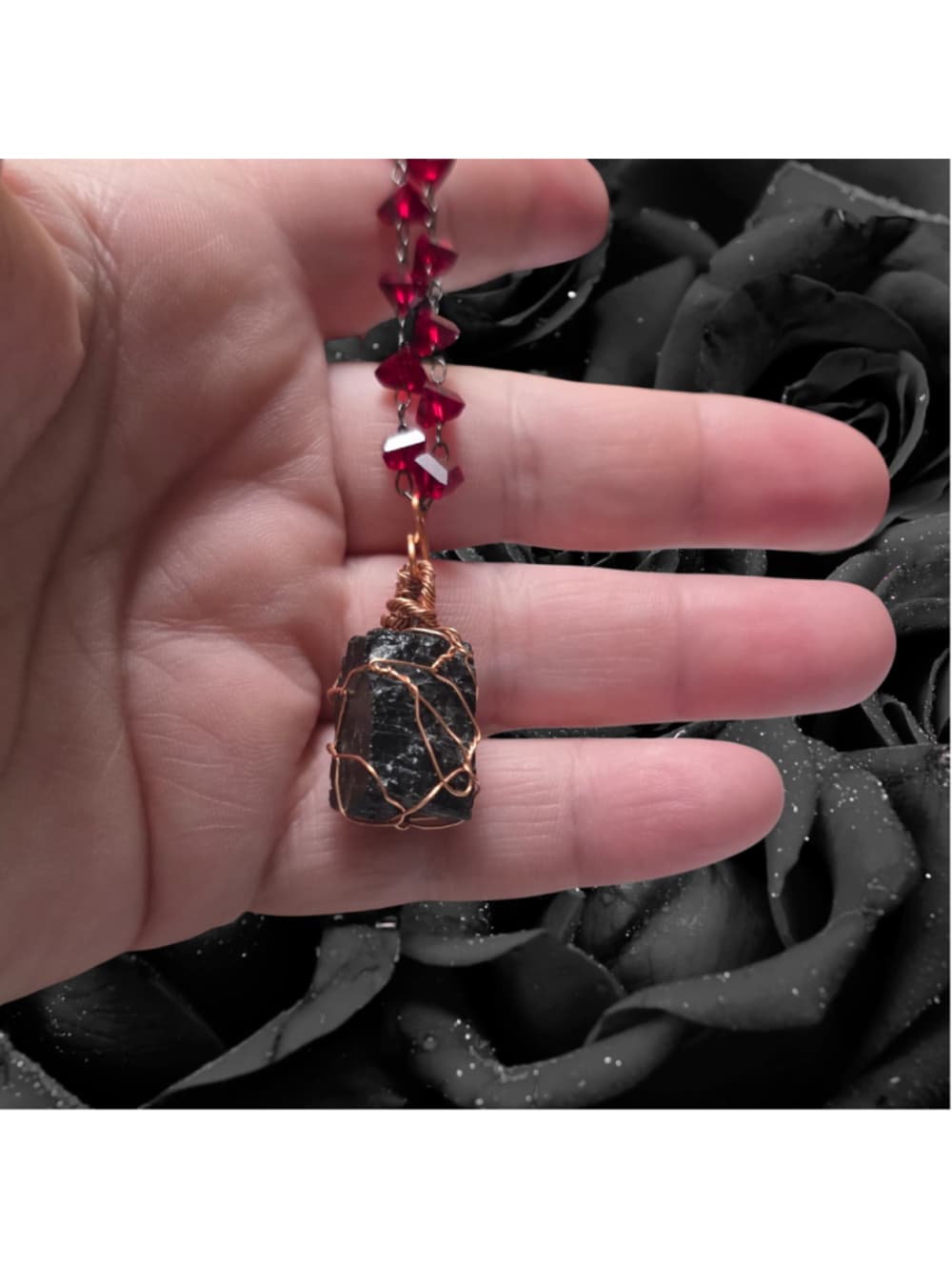 Raw Black Tourmaline & Crimson Crystal Necklace – Copper Wrapped Protection - Thumbnail 6