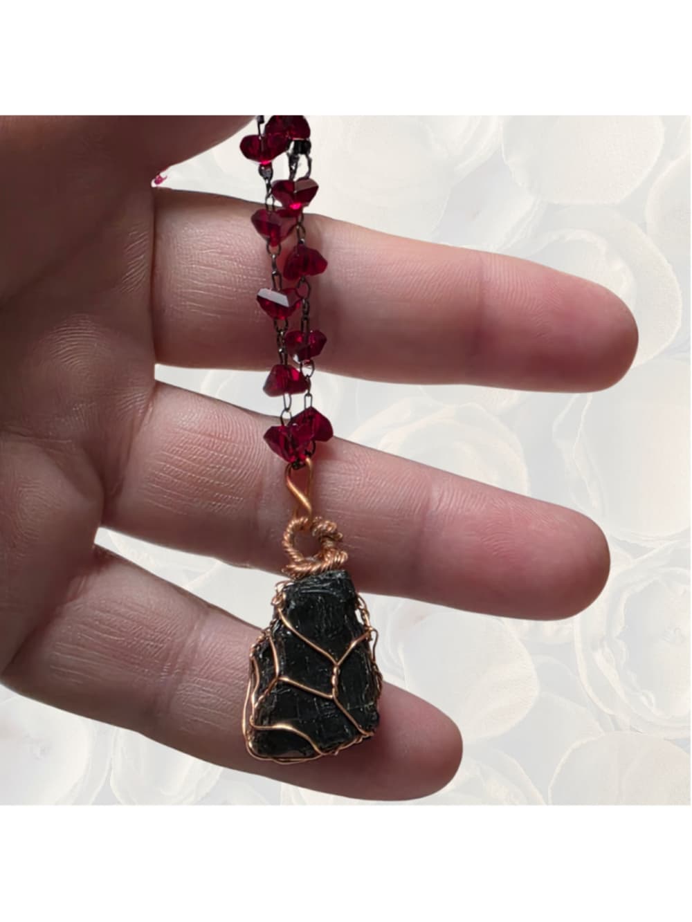 Raw Black Tourmaline & Crimson Crystal Necklace – Copper Wrapped Protection - Thumbnail 2