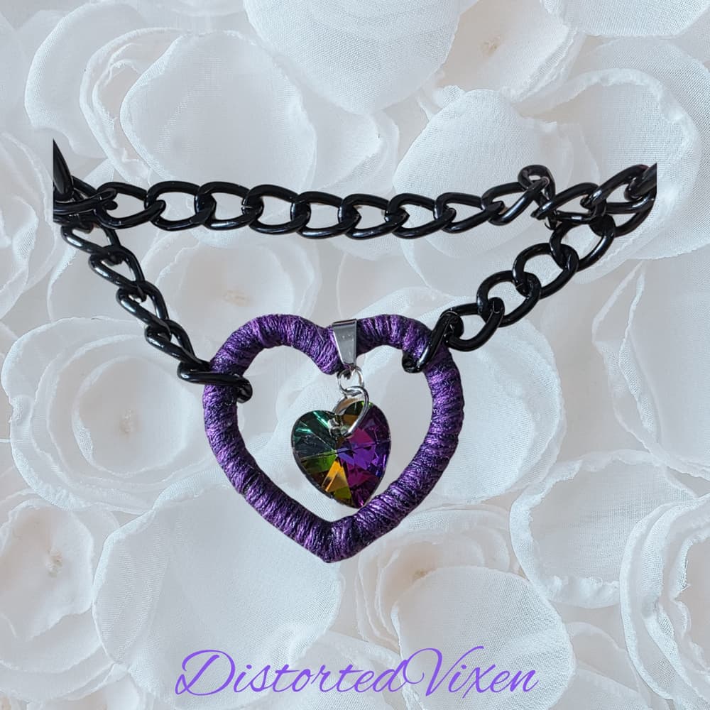 Purple Heart Chain Choker Necklace Gothic Valentine Alt Jewelry Collar - Thumbnail 3
