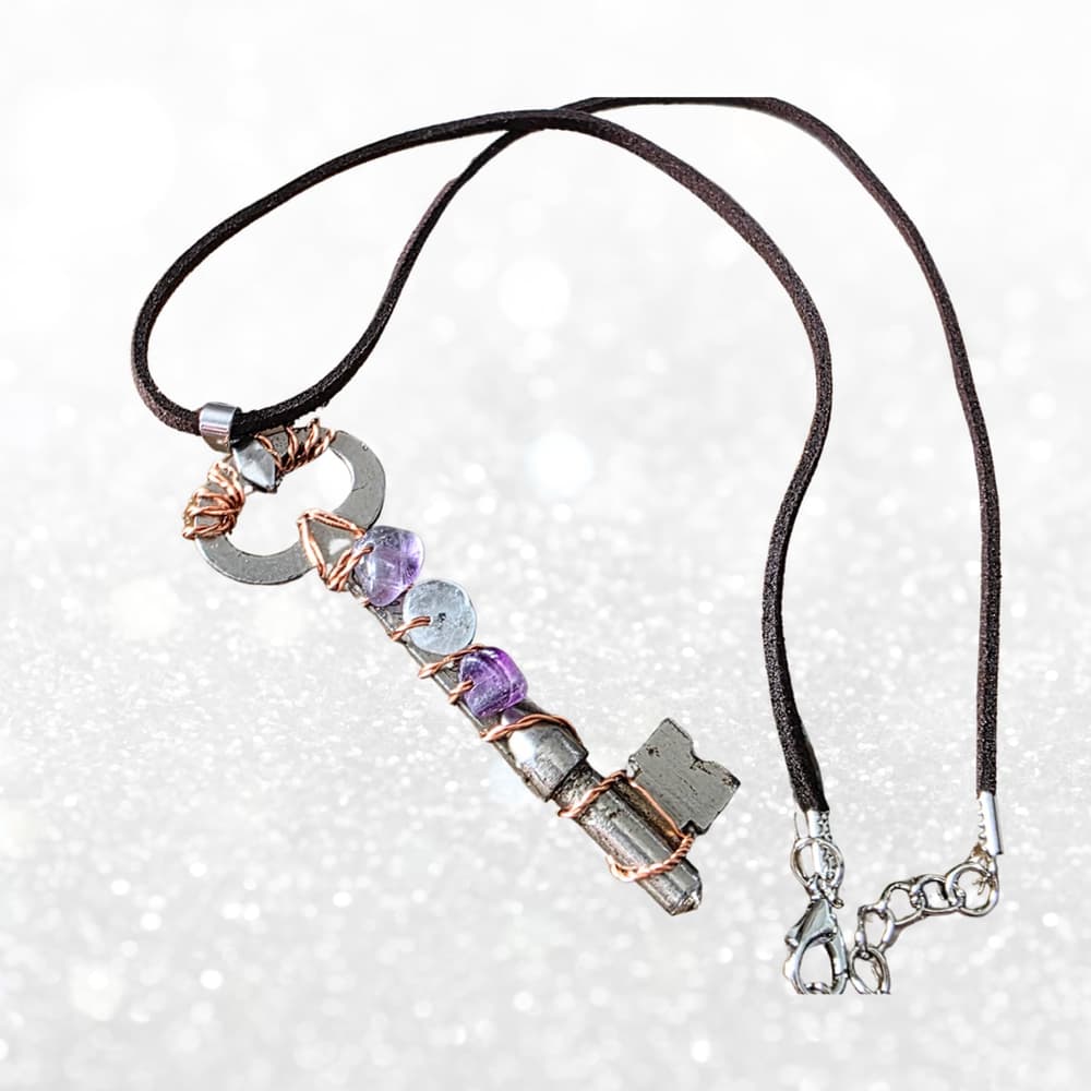 Rainbow Fluorite Key Necklace, Real Vintage Key Pendant, Handmade Copper Wrapped - Thumbnail 6