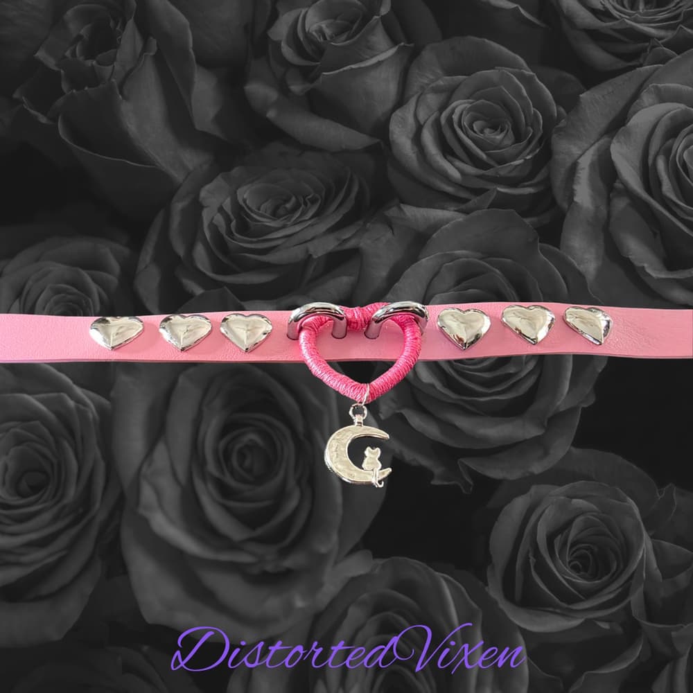 Pink Heart Choker with Moon Charm – Adjustable Faux Leather Choker Necklace – Go - Thumbnail 5