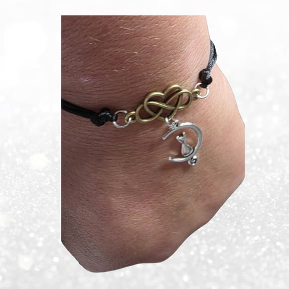 Celestial Cat Moon Bracelet - Infinity Heart Charm - Black Silk Cord Mixed Metal - Thumbnail 7