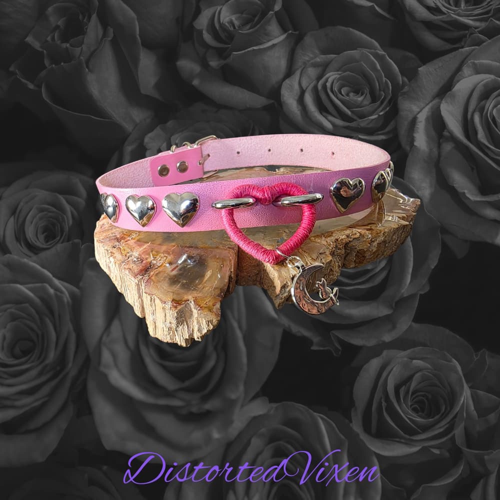 Pink Heart Choker with Moon Charm – Adjustable Faux Leather Choker Necklace – Go - Thumbnail 3