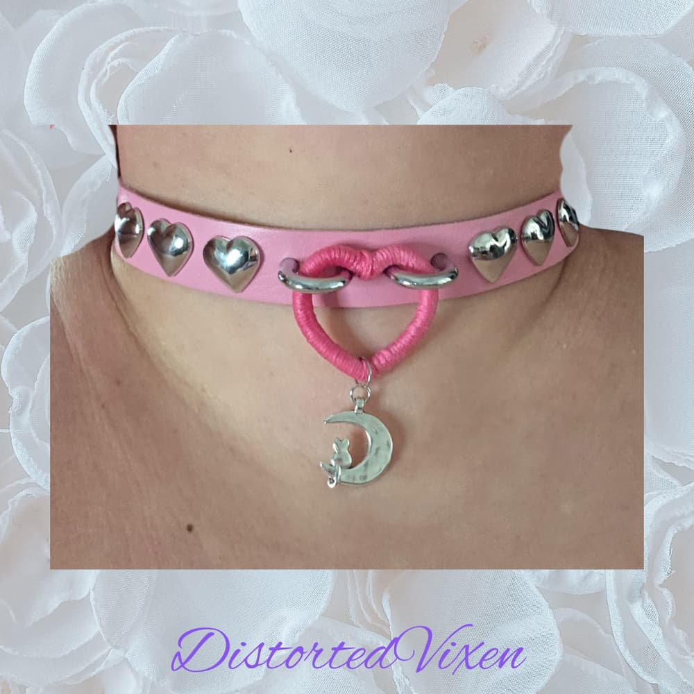 Pink Heart Choker with Moon Charm – Adjustable Faux Leather Choker Necklace – Go - Thumbnail 7