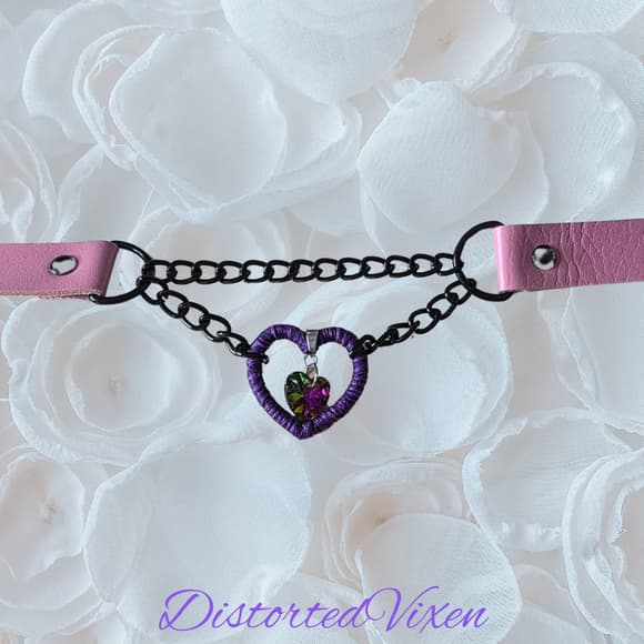 Purple Heart Chain Choker Necklace Gothic Valentine Alt Jewelry Collar - Thumbnail 7