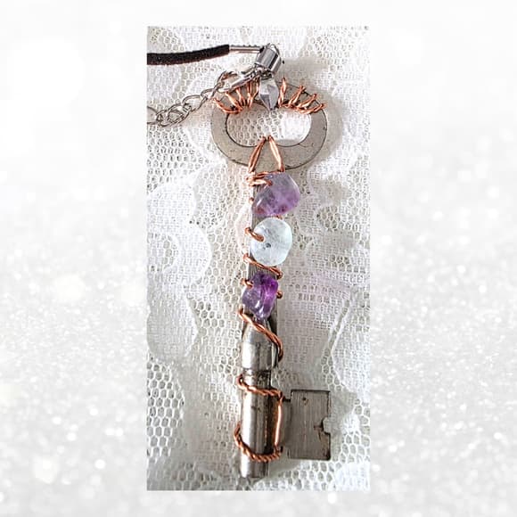 Rainbow Fluorite Key Necklace, Real Vintage Key Pendant, Handmade Copper Wrapped - Thumbnail 13