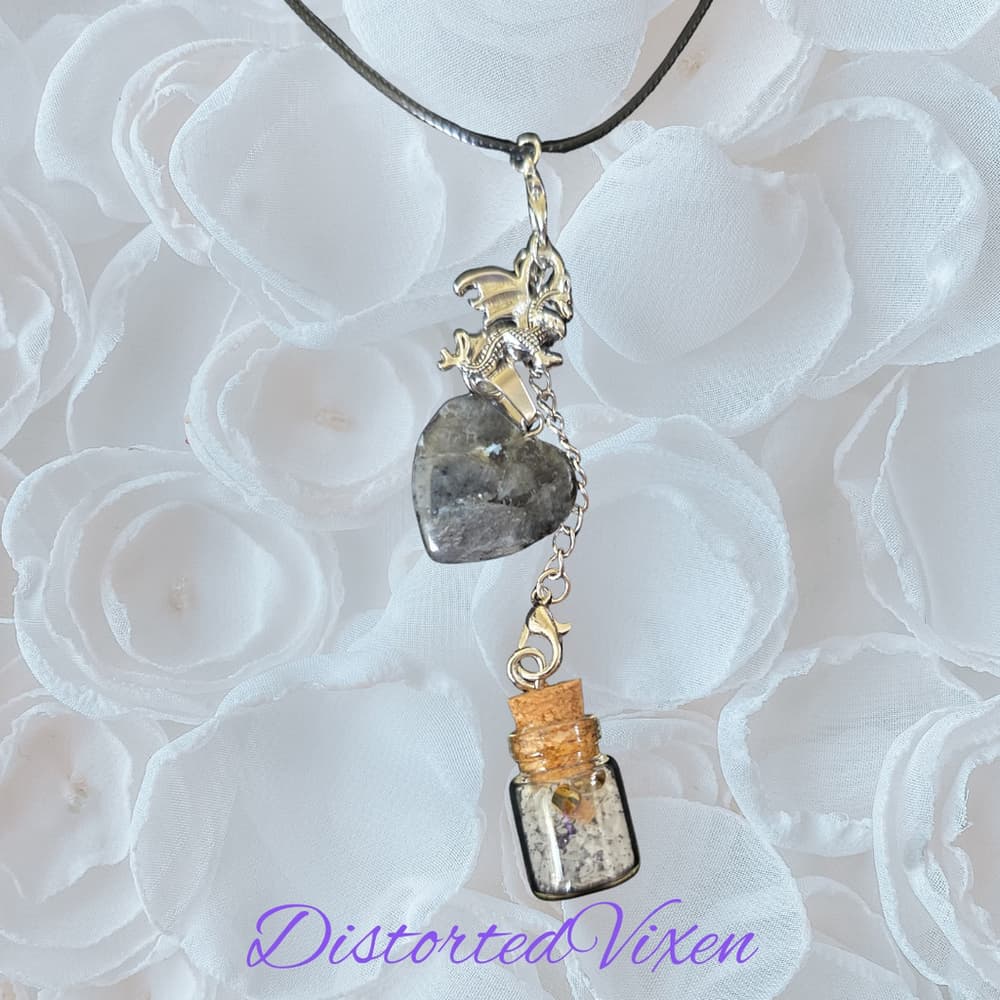 Labradorite Heart Necklace with Spell Bottle & Dragon Charm | Interchangeable - Thumbnail 3