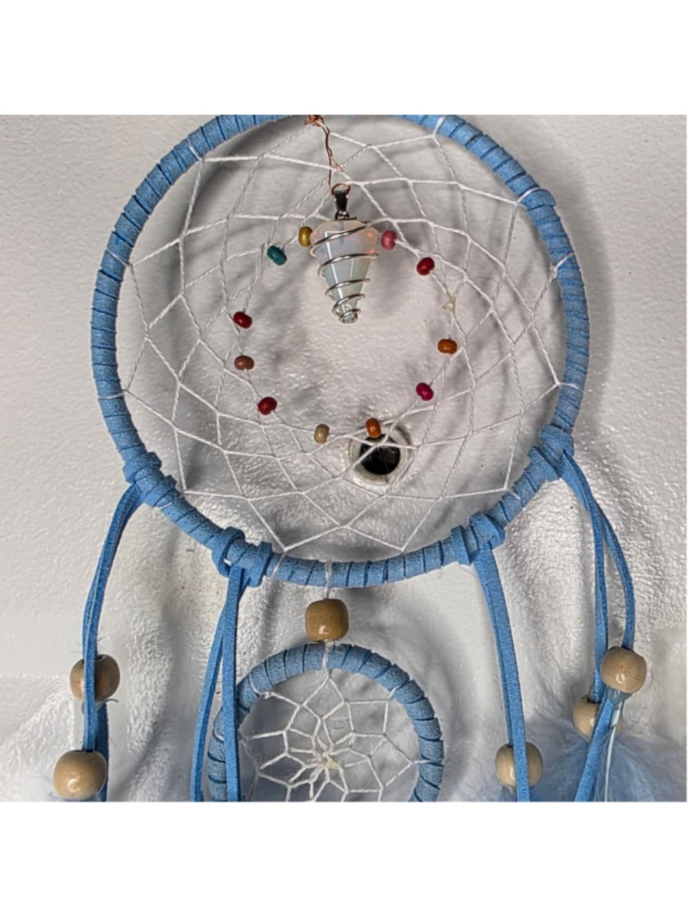 The Aura Weaver Sky Blue Dreamcatcher with Wire Wrapped Opal Pendulum Talisman - Thumbnail 3