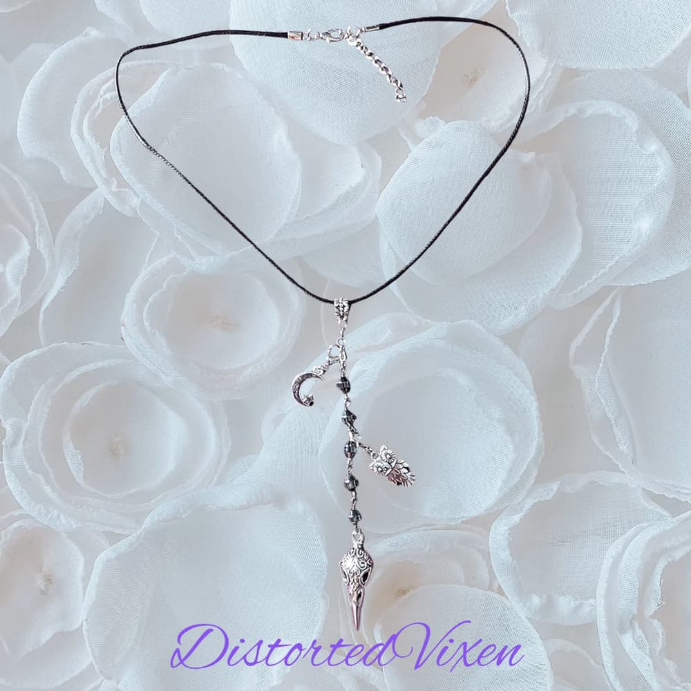 Raven Skull Talisman Necklace | Gothic Witch Jewelry, Hematite Beads - Thumbnail 7