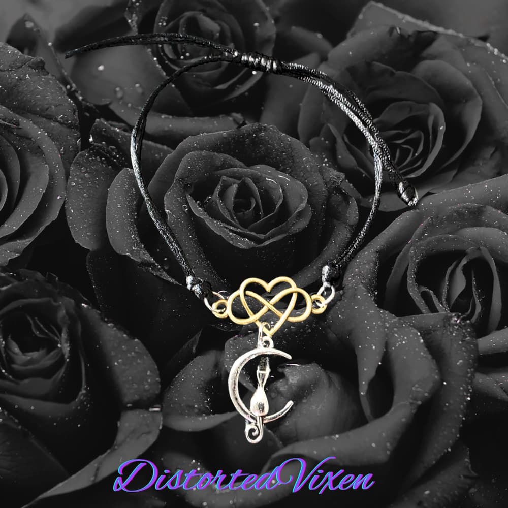Celestial Cat Moon Bracelet - Infinity Heart Charm - Black Silk Cord Mixed Metal - Thumbnail 2