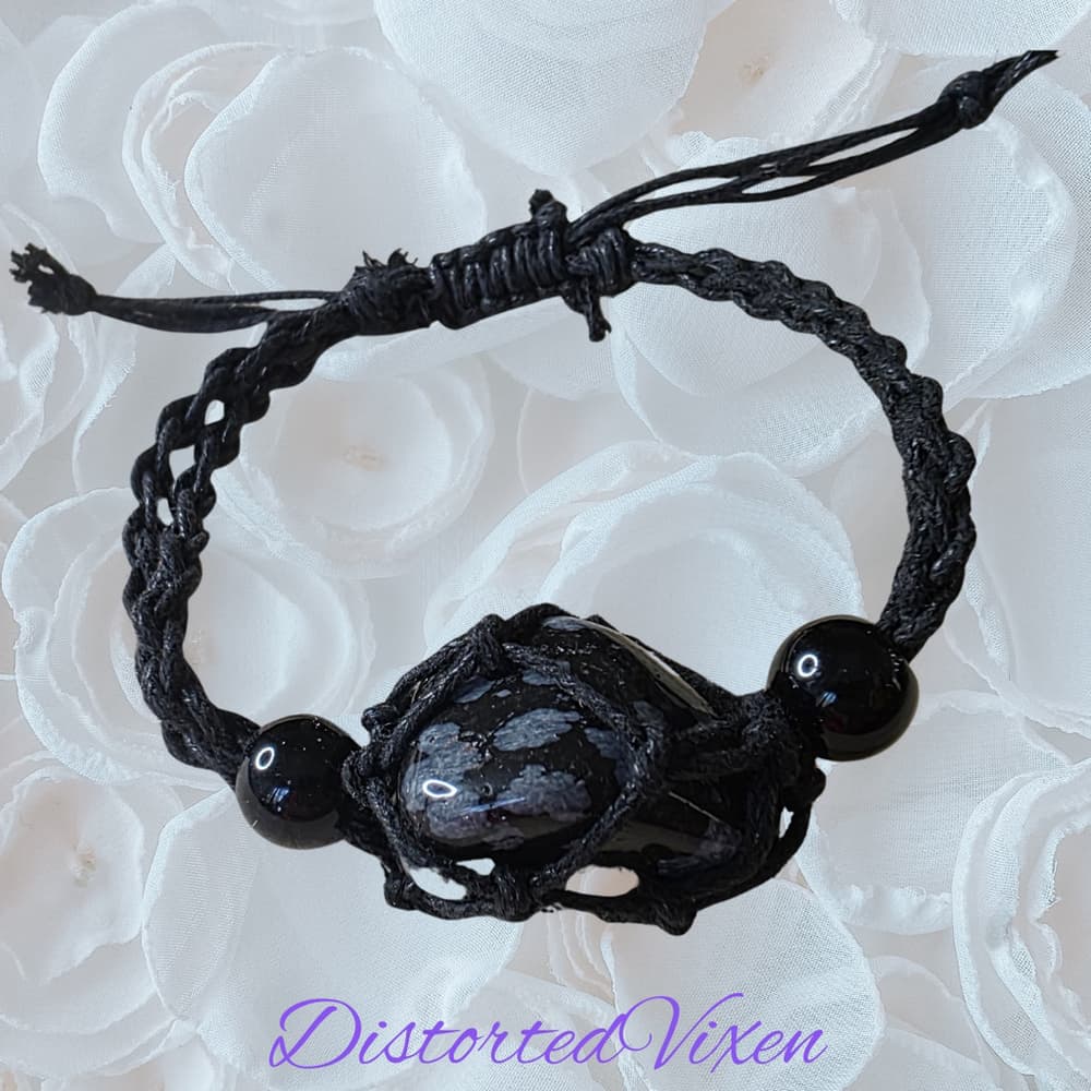 Snowflake Obsidian Macrame Bracelet – Adjustable & Interchangeable - Thumbnail 2
