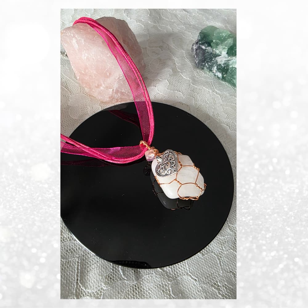 Milky Rose Quartz & Rainbow Fluorite Cage Necklace | Hand-Wrapped Copper with He - Thumbnail 7
