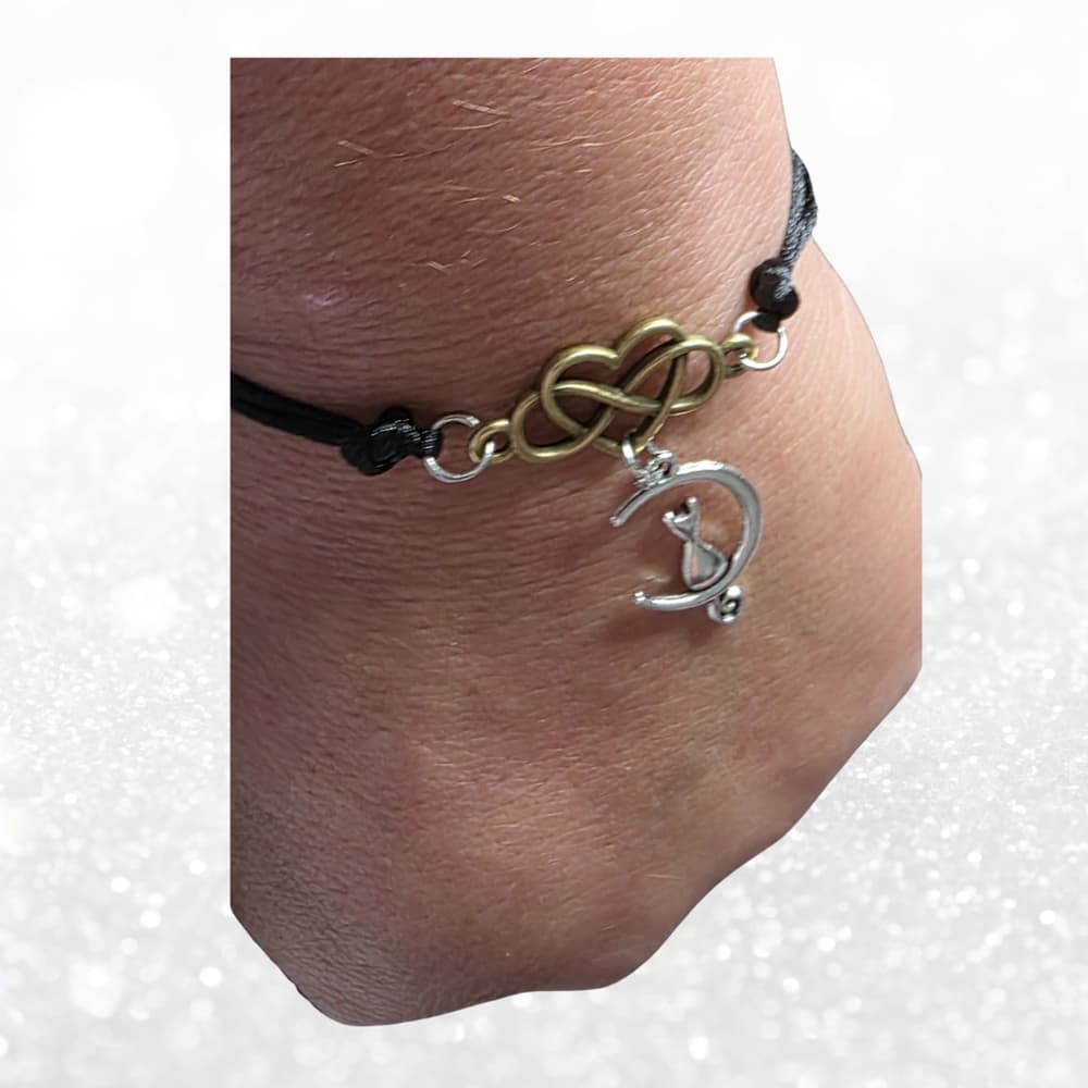 Celestial Cat Moon Bracelet - Infinity Heart Charm - Black Silk Cord Mixed Metal - Thumbnail 6
