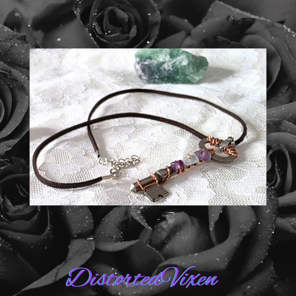 Rainbow Fluorite Key Necklace, Real Vintage Key Pendant, Handmade Copper Wrapped - Thumbnail 7