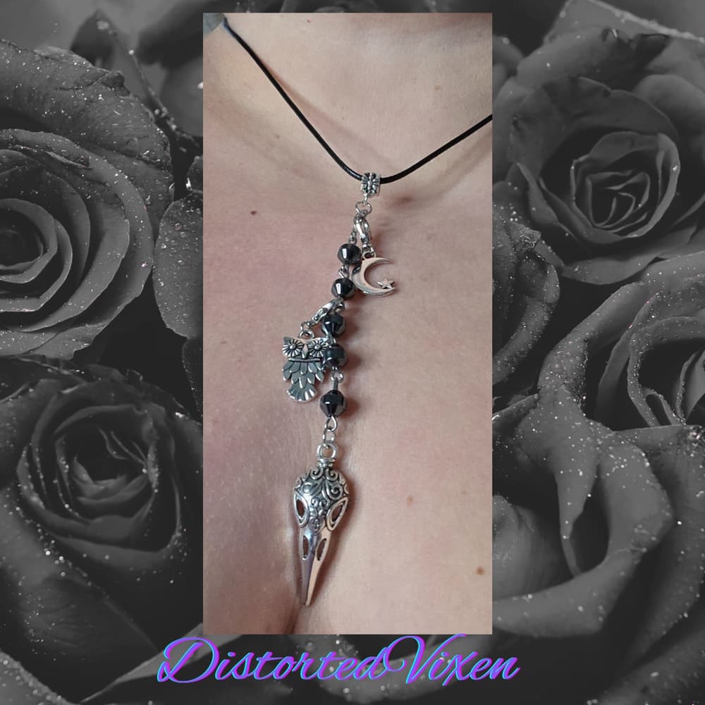 Raven Skull Talisman Necklace | Gothic Witch Jewelry, Hematite Beads - Thumbnail 4