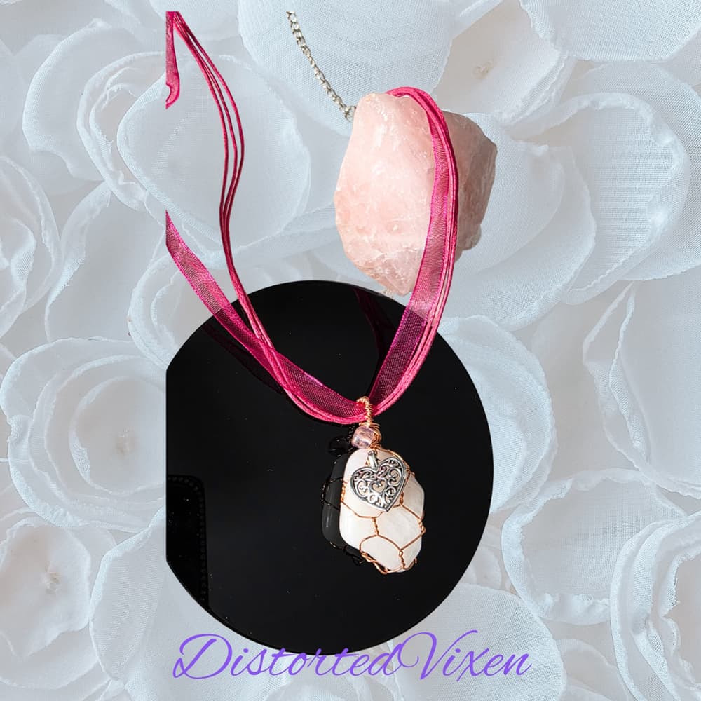 Milky Rose Quartz & Rainbow Fluorite Cage Necklace | Hand-Wrapped Copper with He - Thumbnail 2