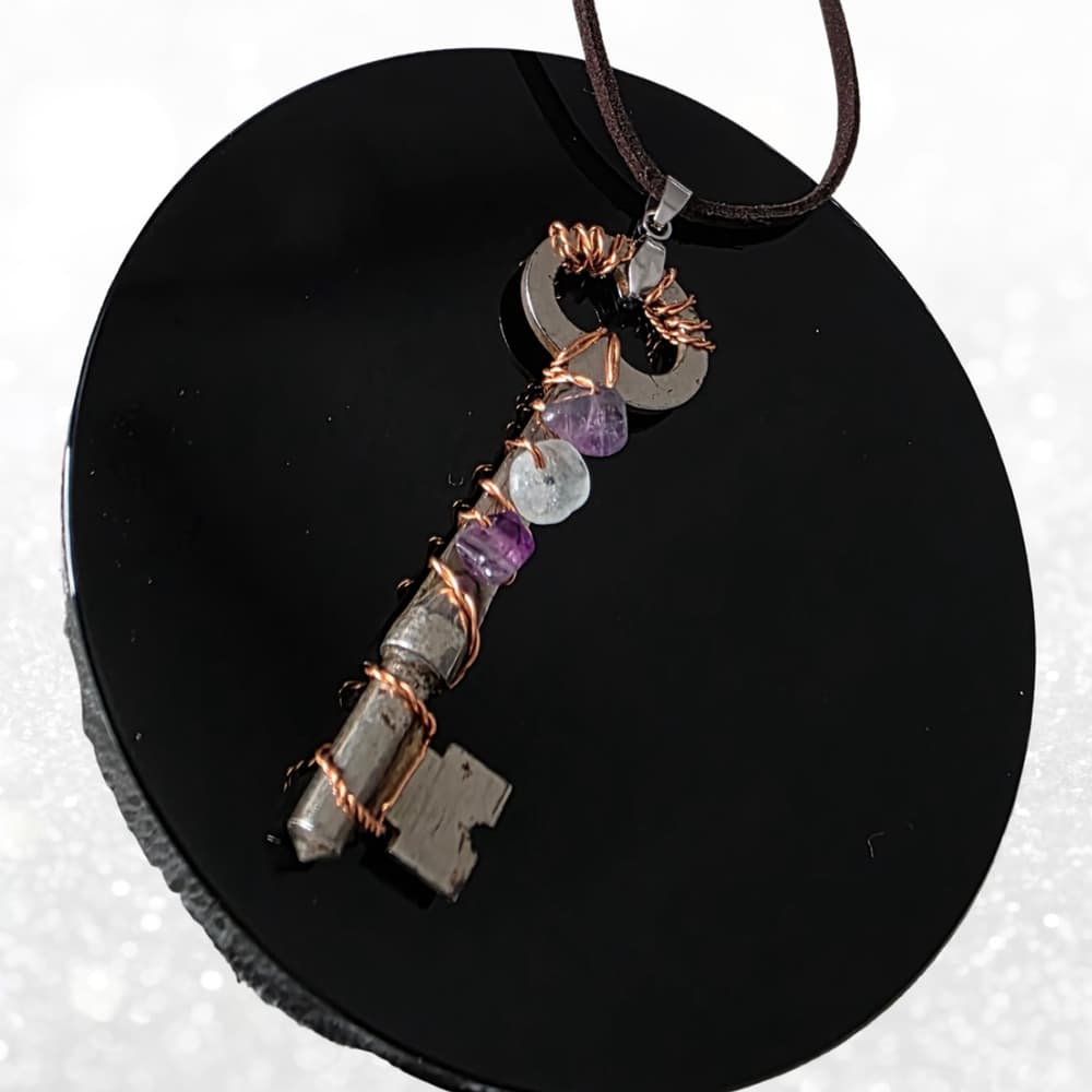 Rainbow Fluorite Key Necklace, Real Vintage Key Pendant, Handmade Copper Wrapped - Thumbnail 9