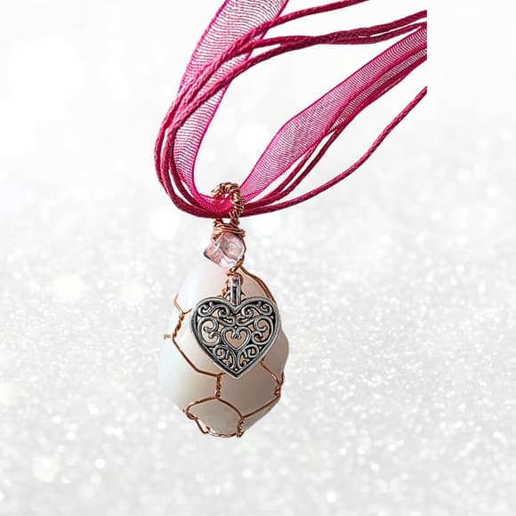 Milky Rose Quartz & Rainbow Fluorite Cage Necklace | Hand-Wrapped Copper with He - Thumbnail 9