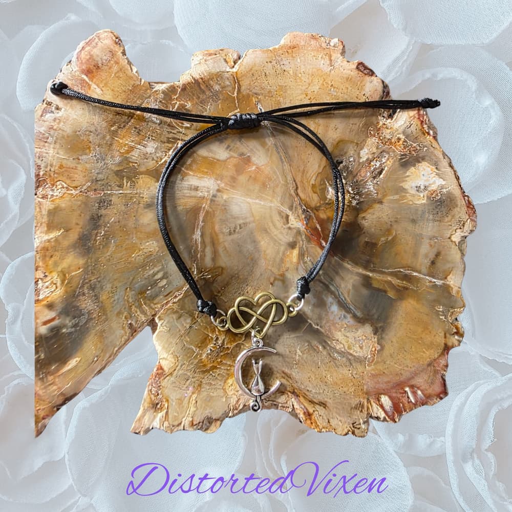 Celestial Cat Moon Bracelet - Infinity Heart Charm - Black Silk Cord Mixed Metal - Thumbnail 5