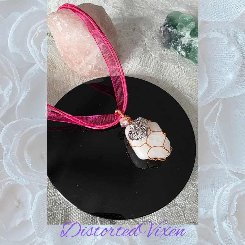 Milky Rose Quartz & Rainbow Fluorite Cage Necklace | Hand-Wrapped Copper with He - Thumbnail 3