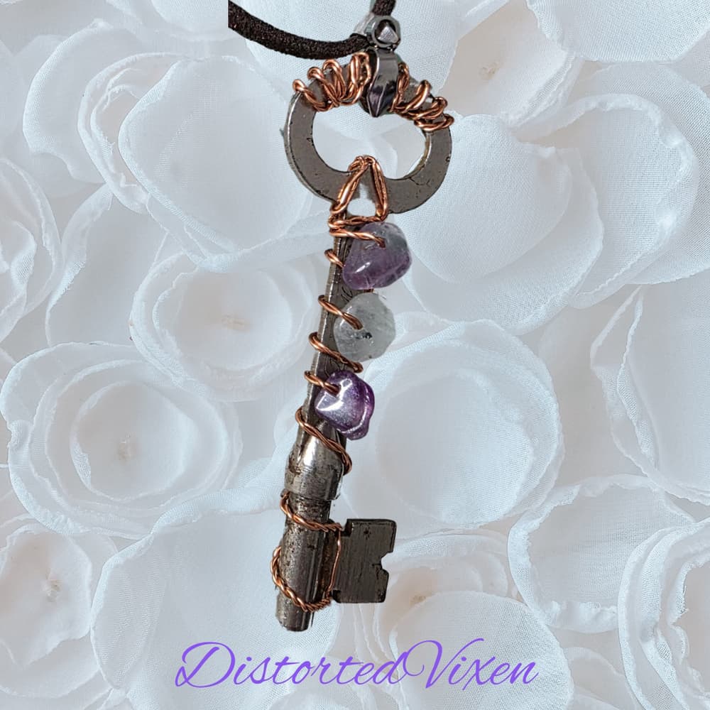 Rainbow Fluorite Key Necklace, Real Vintage Key Pendant, Handmade Copper Wrapped - Thumbnail 5