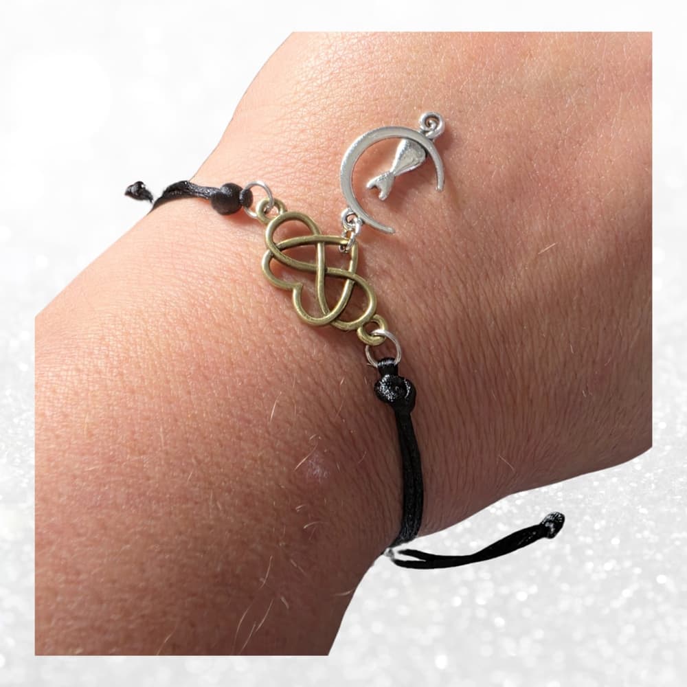 Celestial Cat Moon Bracelet - Infinity Heart Charm - Black Silk Cord Mixed Metal - Thumbnail 4