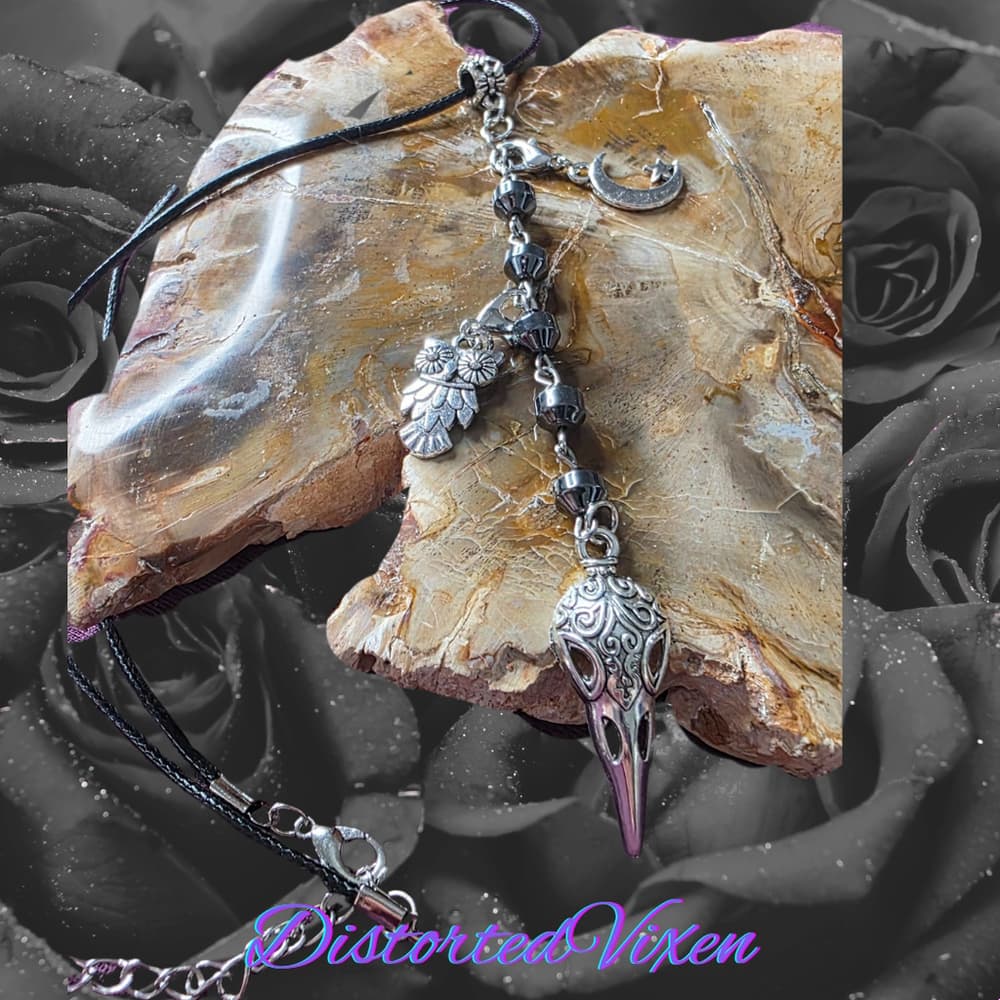 Raven Skull Talisman Necklace | Gothic Witch Jewelry, Hematite Beads - Thumbnail 2