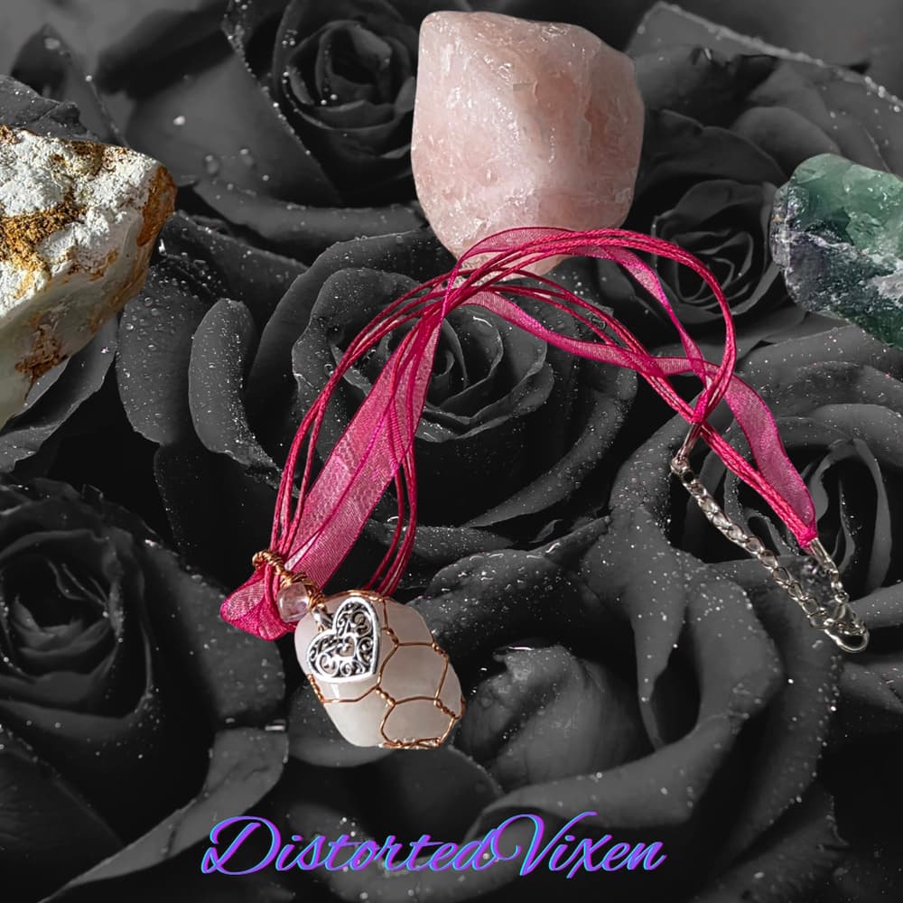 Milky Rose Quartz & Rainbow Fluorite Cage Necklace | Hand-Wrapped Copper with He - Thumbnail 4