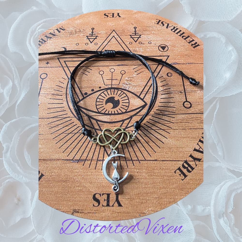 Celestial Cat Moon Bracelet - Infinity Heart Charm - Black Silk Cord Mixed Metal - Thumbnail 3