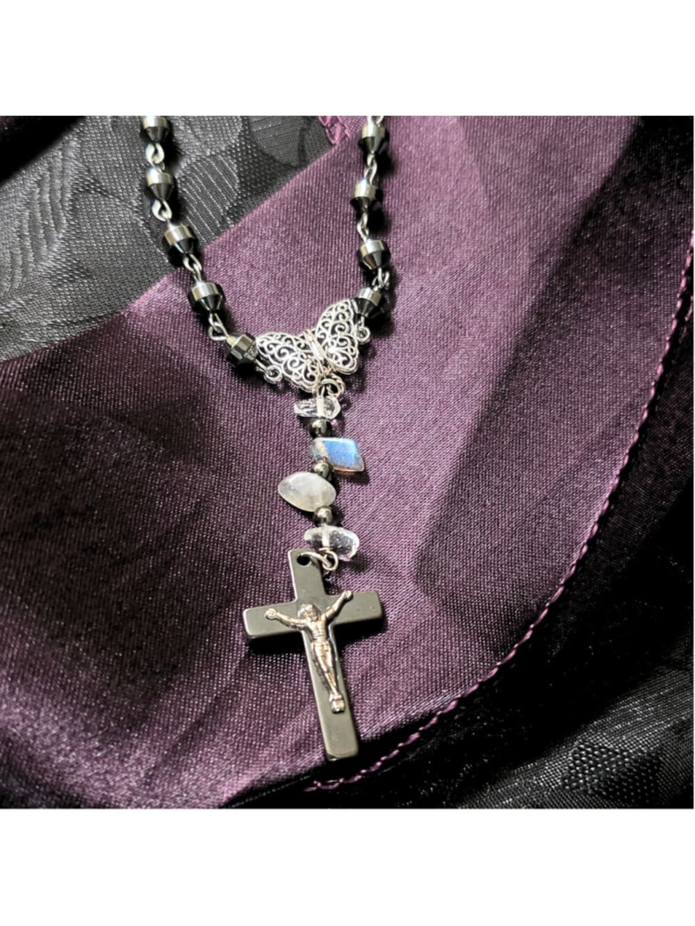 Hematite Cross Butterfly Crystal Necklace Smokey Quartz Clear Quartz Beaded - Thumbnail 3