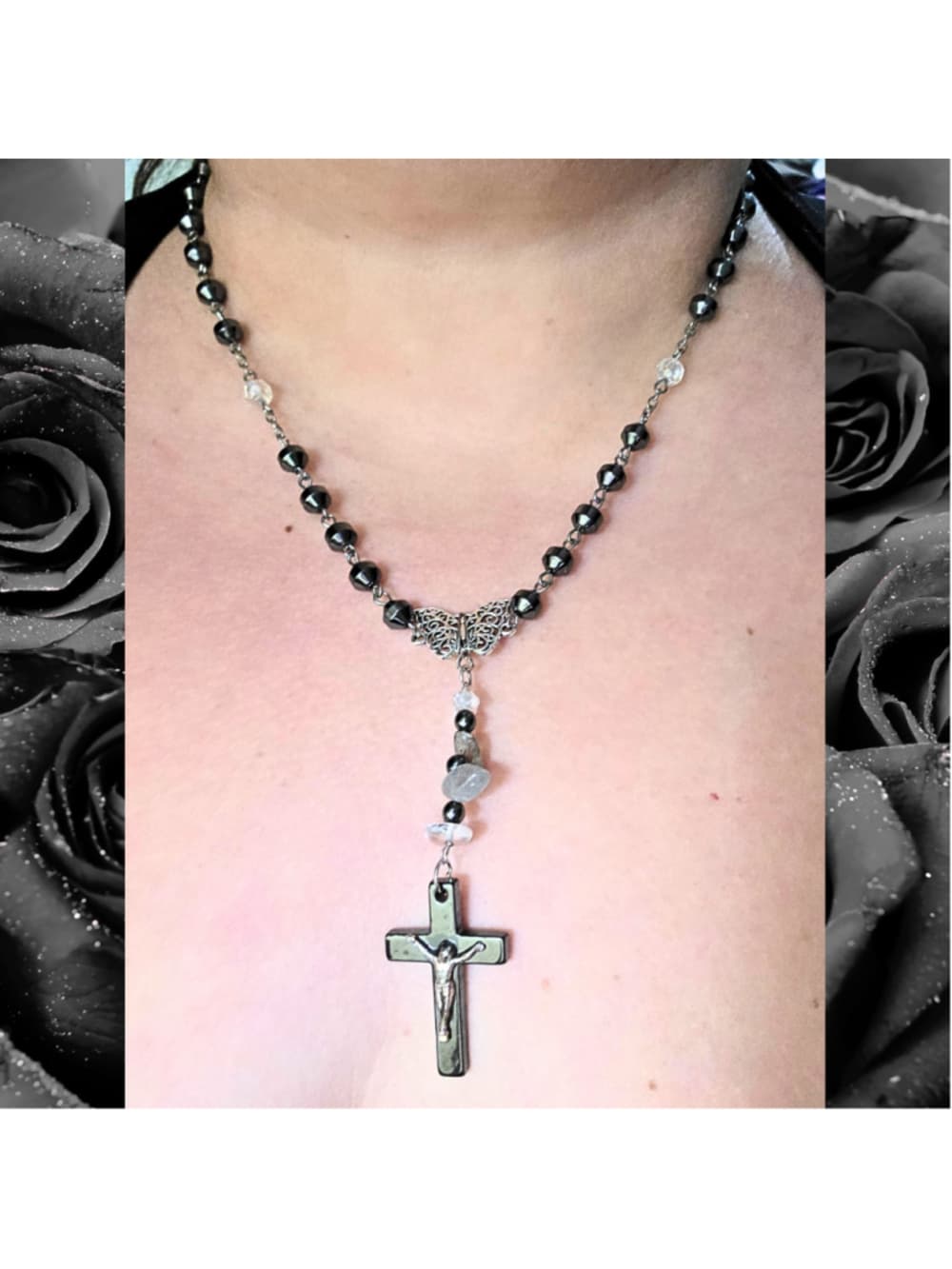 Hematite Cross Butterfly Crystal Necklace Smokey Quartz Clear Quartz Beaded - Thumbnail 2